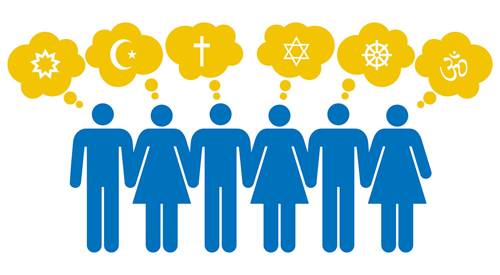 illustration with people pondering different religions