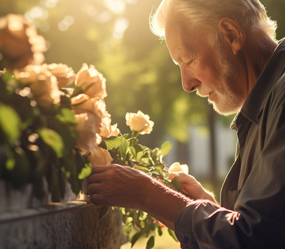 Man looks down towards bed of flowers